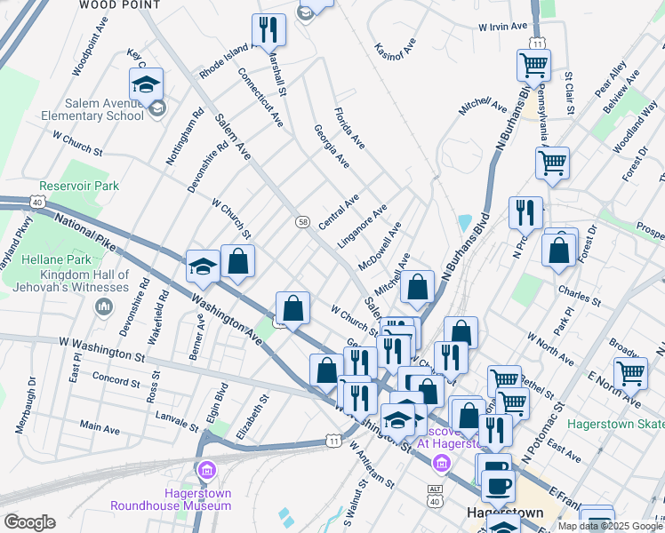 map of restaurants, bars, coffee shops, grocery stores, and more near 243 Winter Street in Hagerstown