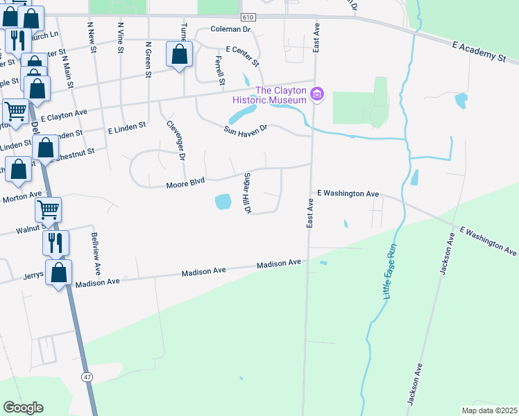 map of restaurants, bars, coffee shops, grocery stores, and more near 317 Sugar Hill Drive in Clayton