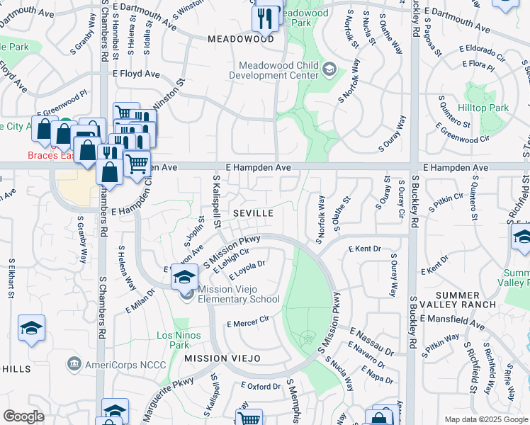 map of restaurants, bars, coffee shops, grocery stores, and more near 3638C South Laredo Street in Aurora