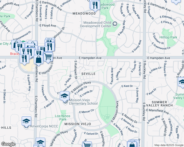 map of restaurants, bars, coffee shops, grocery stores, and more near 3638C South Laredo Street in Aurora