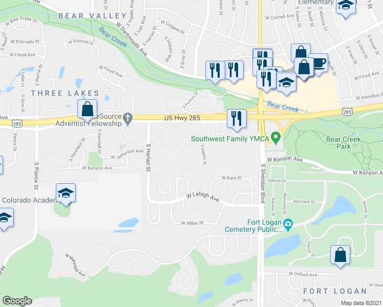 map of restaurants, bars, coffee shops, grocery stores, and more near 3576 South Depew Street in Lakewood