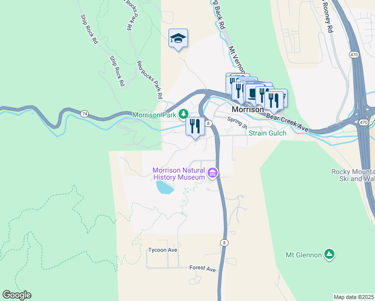 map of restaurants, bars, coffee shops, grocery stores, and more near 152 Red Rocks Vista Drive in Morrison