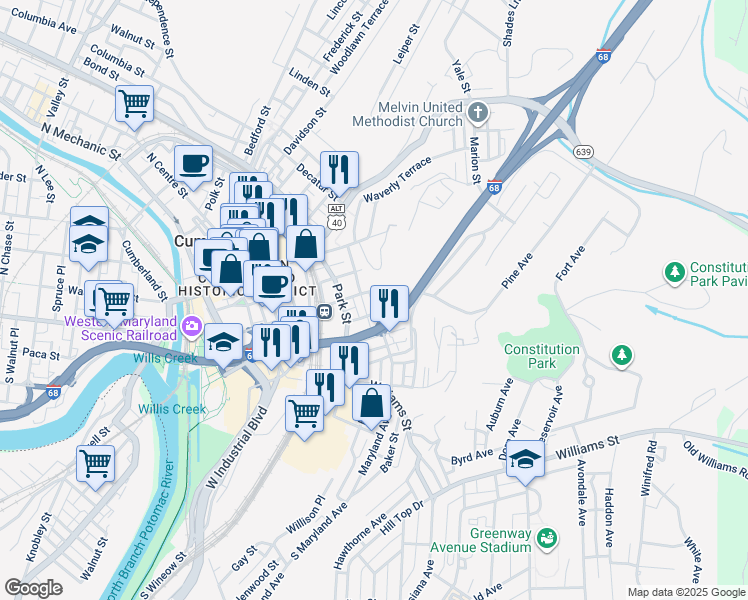 map of restaurants, bars, coffee shops, grocery stores, and more near 301 East Harrison Street in Cumberland