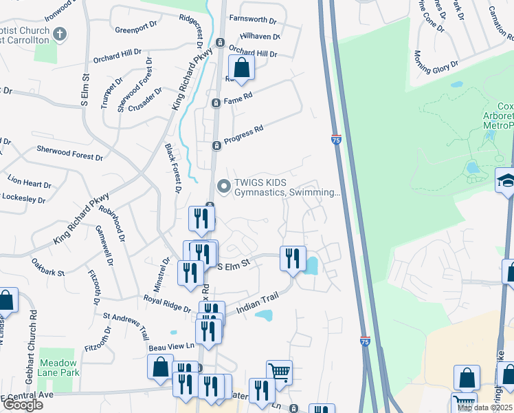 map of restaurants, bars, coffee shops, grocery stores, and more near 115 Elmwood Circle in West Carrollton
