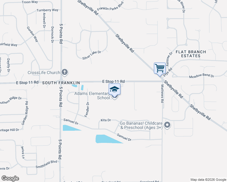map of restaurants, bars, coffee shops, grocery stores, and more near 7341 East Stop 11 Road in Indianapolis