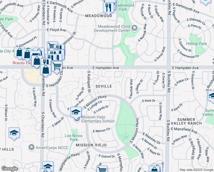 map of restaurants, bars, coffee shops, grocery stores, and more near 3638C South Laredo Street in Aurora