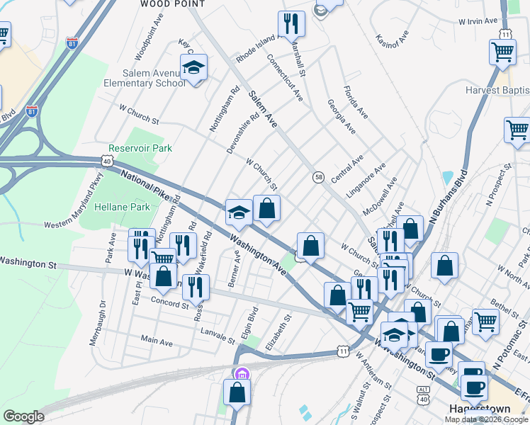 map of restaurants, bars, coffee shops, grocery stores, and more near 222 Bryan Place in Hagerstown