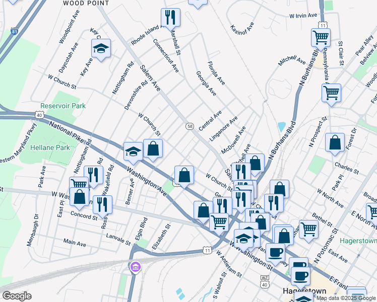 map of restaurants, bars, coffee shops, grocery stores, and more near 215 Alexander Street in Hagerstown