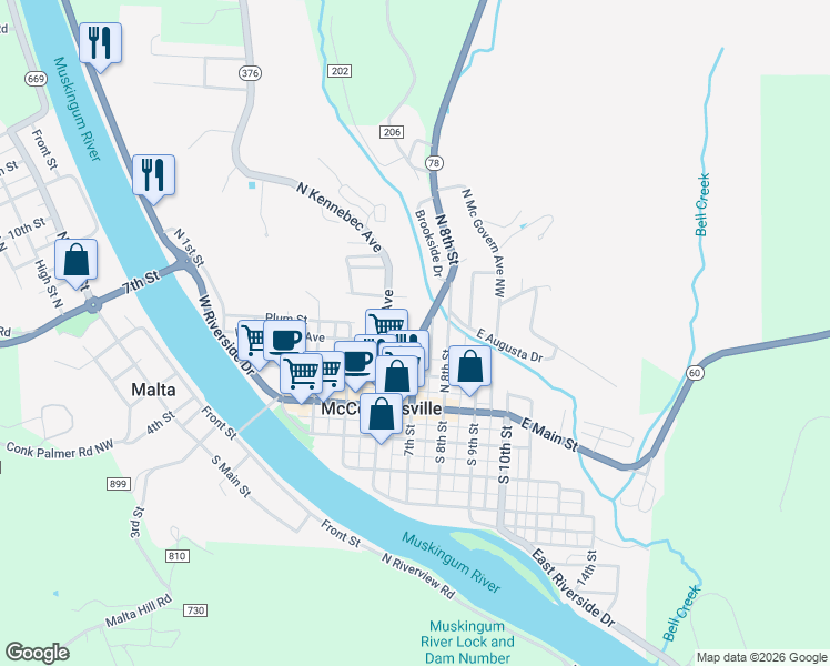 map of restaurants, bars, coffee shops, grocery stores, and more near 260 N 7th St in McConnelsville