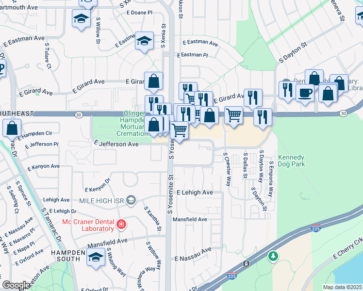 map of restaurants, bars, coffee shops, grocery stores, and more near 3600 South Yosemite Street in Denver