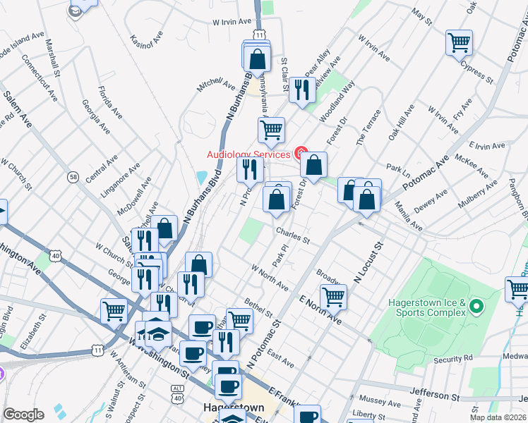 map of restaurants, bars, coffee shops, grocery stores, and more near 111 Clarkson Ave in Hagerstown