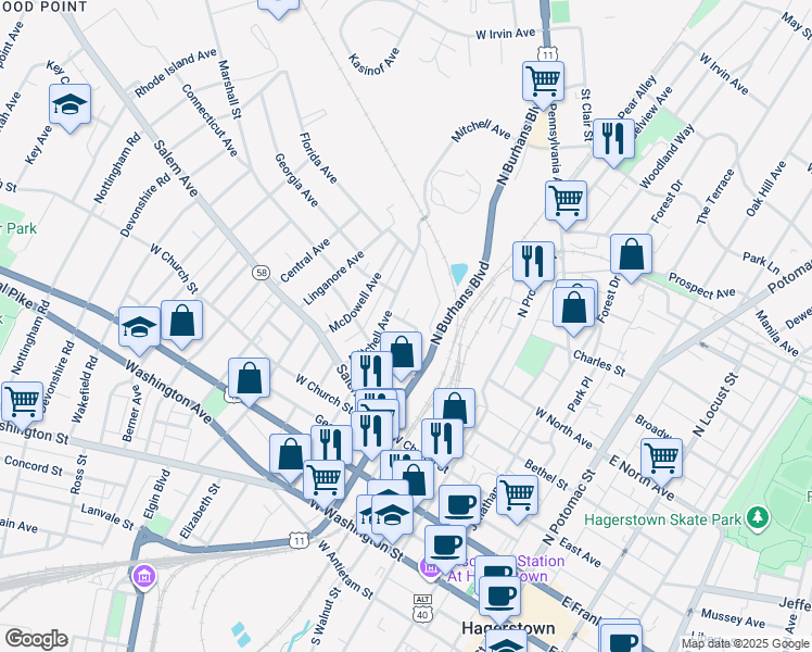 map of restaurants, bars, coffee shops, grocery stores, and more near 411 Freemont Street in Hagerstown