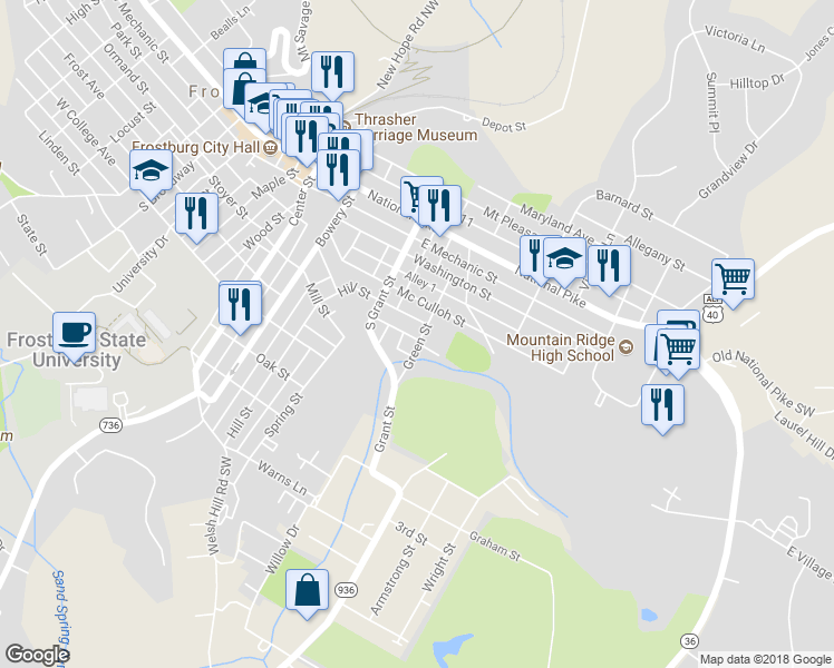 map of restaurants, bars, coffee shops, grocery stores, and more near 43 Green Street in Frostburg