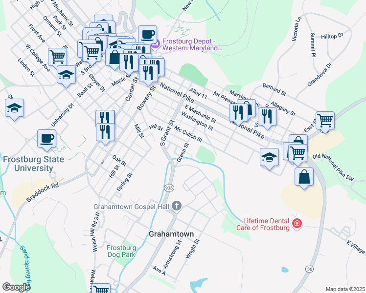 map of restaurants, bars, coffee shops, grocery stores, and more near 43 Green Street in Frostburg