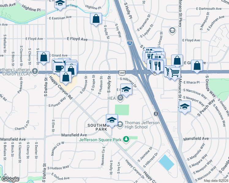 map of restaurants, bars, coffee shops, grocery stores, and more near 3571 South Ivanhoe Street in Denver