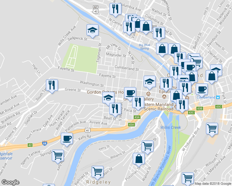 map of restaurants, bars, coffee shops, grocery stores, and more near 14 South Chase Street in Cumberland