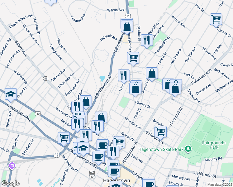 map of restaurants, bars, coffee shops, grocery stores, and more near 597 North Prospect Street in Hagerstown