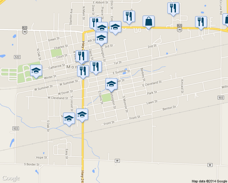 map of restaurants, bars, coffee shops, grocery stores, and more near 327 East Cleveland Street in Monroe City