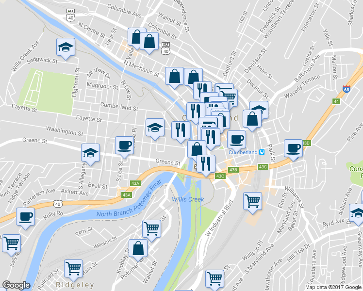 map of restaurants, bars, coffee shops, grocery stores, and more near 1 Washington Street in Cumberland