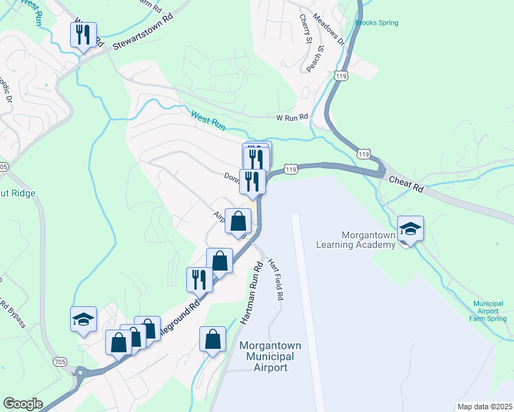 map of restaurants, bars, coffee shops, grocery stores, and more near 705 U.S. 119 in Morgantown