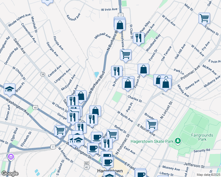 map of restaurants, bars, coffee shops, grocery stores, and more near 597 North Prospect Street in Hagerstown