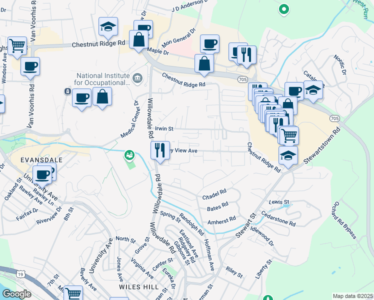 map of restaurants, bars, coffee shops, grocery stores, and more near 107 Stone Gate Circle in Morgantown