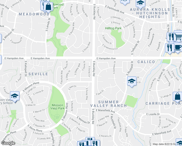 map of restaurants, bars, coffee shops, grocery stores, and more near 3612 South Ouray Circle in Aurora