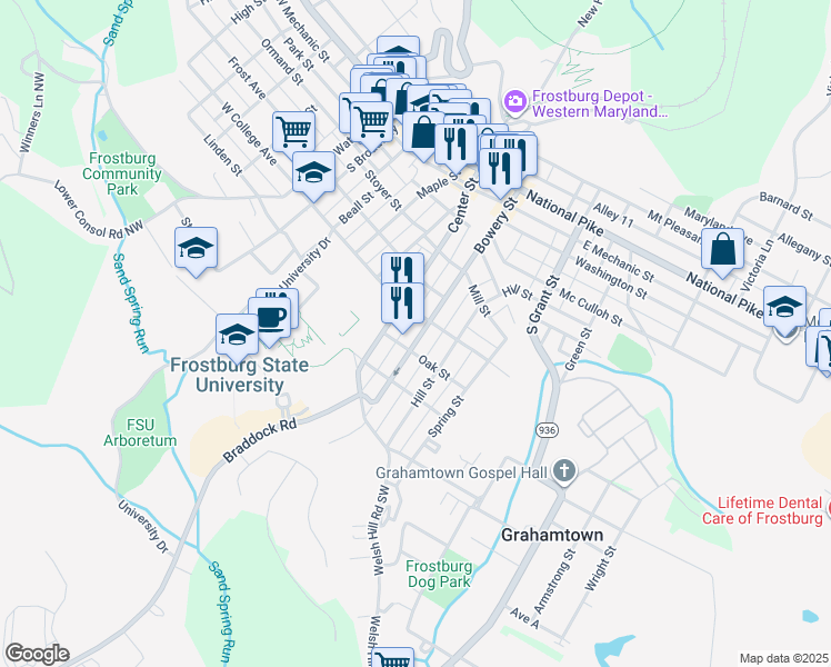 map of restaurants, bars, coffee shops, grocery stores, and more near 70 Oak Street in Frostburg