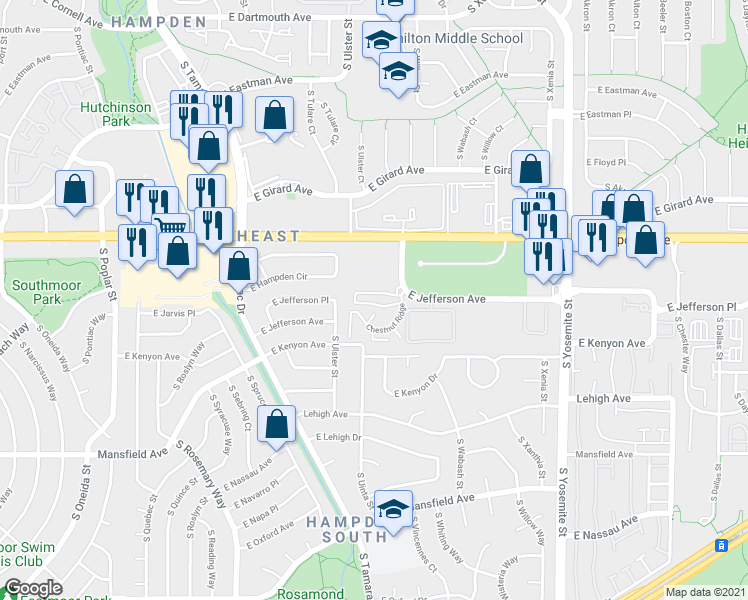 map of restaurants, bars, coffee shops, grocery stores, and more near 3625 South Verbena Street in Denver