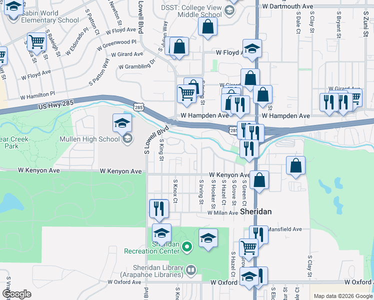 map of restaurants, bars, coffee shops, grocery stores, and more near 3500 South King Street in Denver
