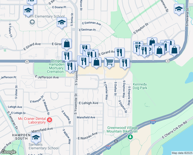 map of restaurants, bars, coffee shops, grocery stores, and more near 9195 East Jefferson Place in Denver