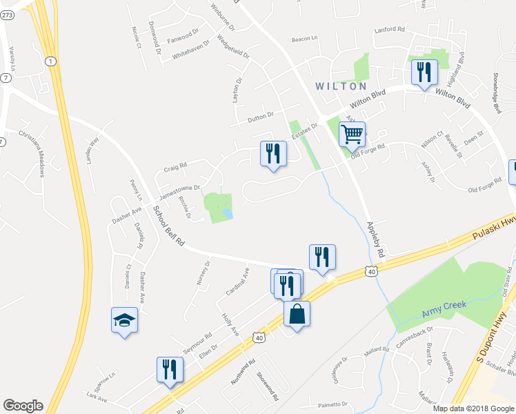 map of restaurants, bars, coffee shops, grocery stores, and more near 1110 Old Forge Road in New Castle
