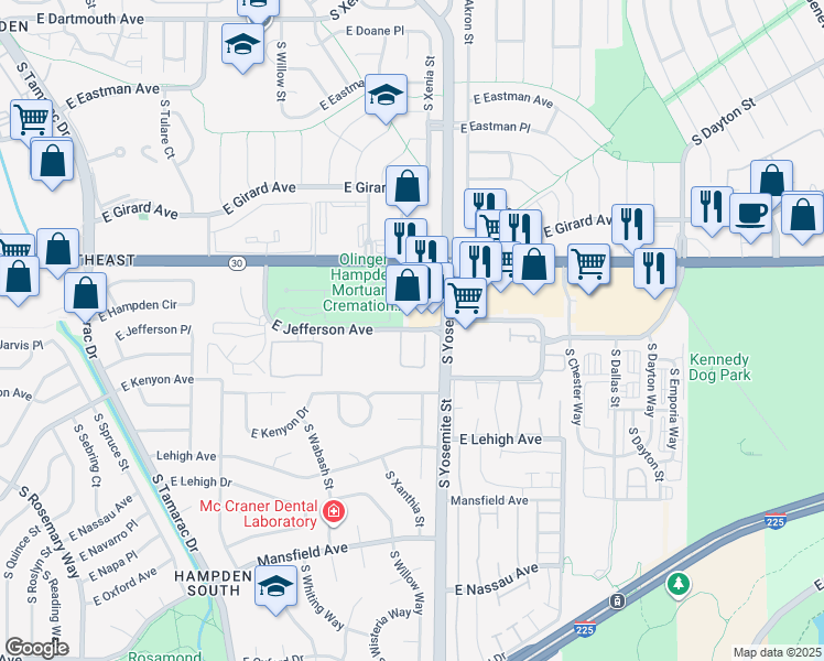 map of restaurants, bars, coffee shops, grocery stores, and more near 8810 East Jefferson Avenue in Denver