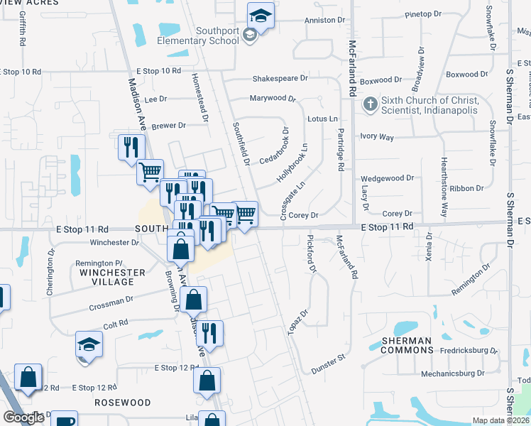map of restaurants, bars, coffee shops, grocery stores, and more near 7931 Southfield Drive in Southport