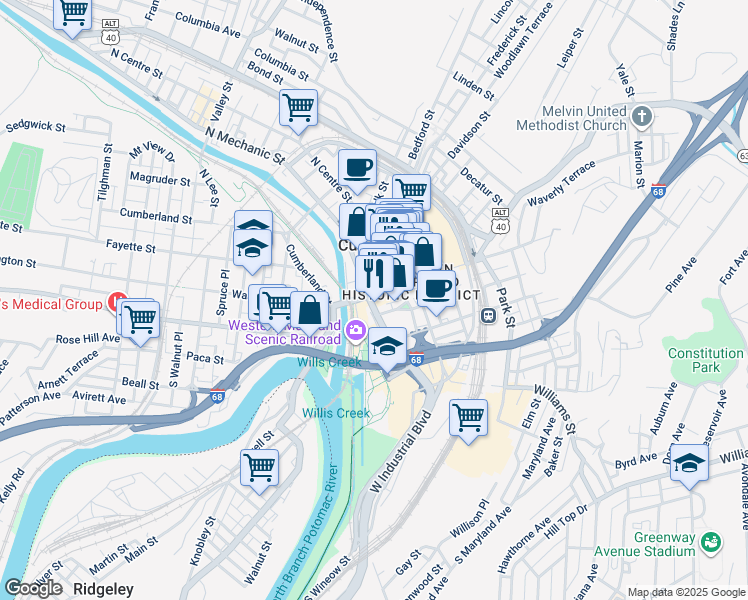 map of restaurants, bars, coffee shops, grocery stores, and more near 15 Baltimore Street in Cumberland