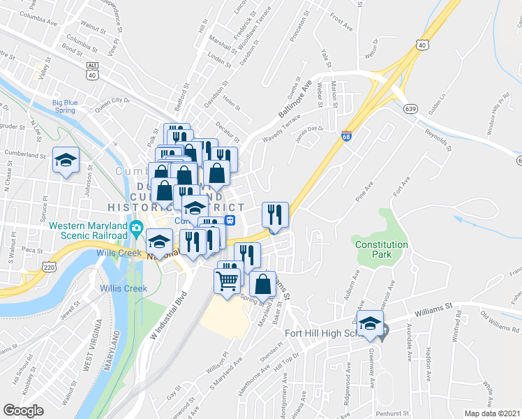 map of restaurants, bars, coffee shops, grocery stores, and more near 301 East Harrison Street in Cumberland