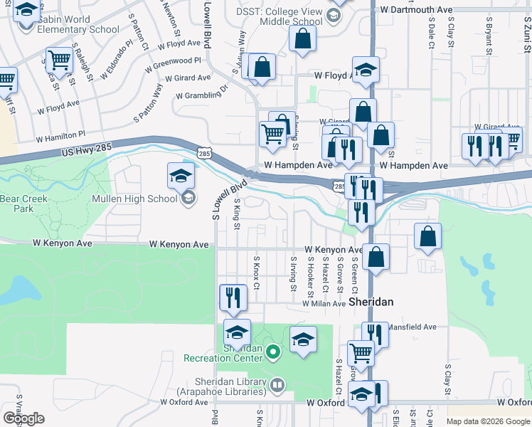 map of restaurants, bars, coffee shops, grocery stores, and more near 3500 South King Street in Denver