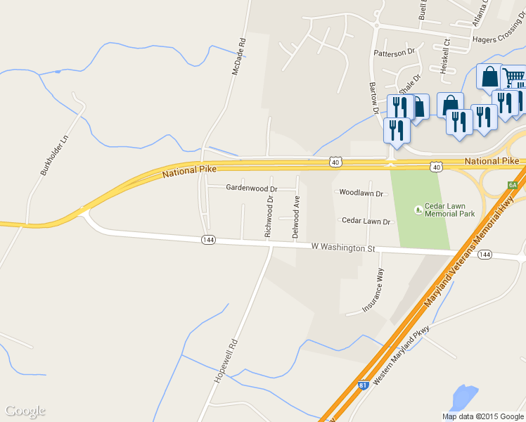 map of restaurants, bars, coffee shops, grocery stores, and more near 12304 Richwood Drive in Hagerstown