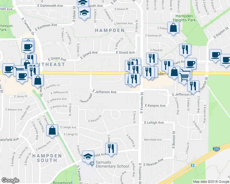 map of restaurants, bars, coffee shops, grocery stores, and more near 8655 East Jefferson Avenue in Denver