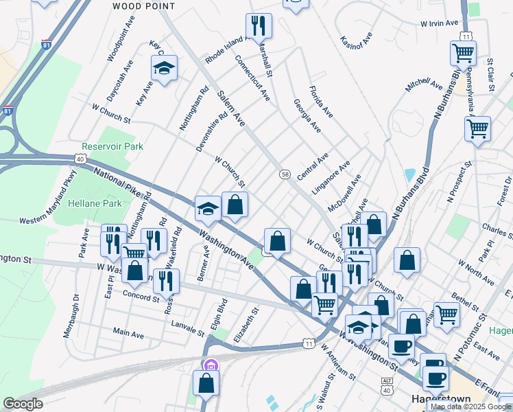 map of restaurants, bars, coffee shops, grocery stores, and more near 245 West Side Avenue in Hagerstown