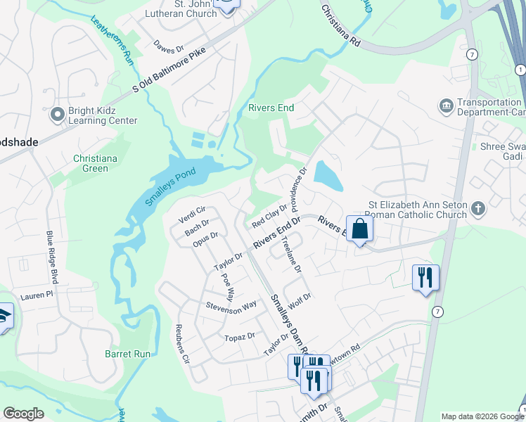 map of restaurants, bars, coffee shops, grocery stores, and more near 727 Pine Creek Lane in Bear