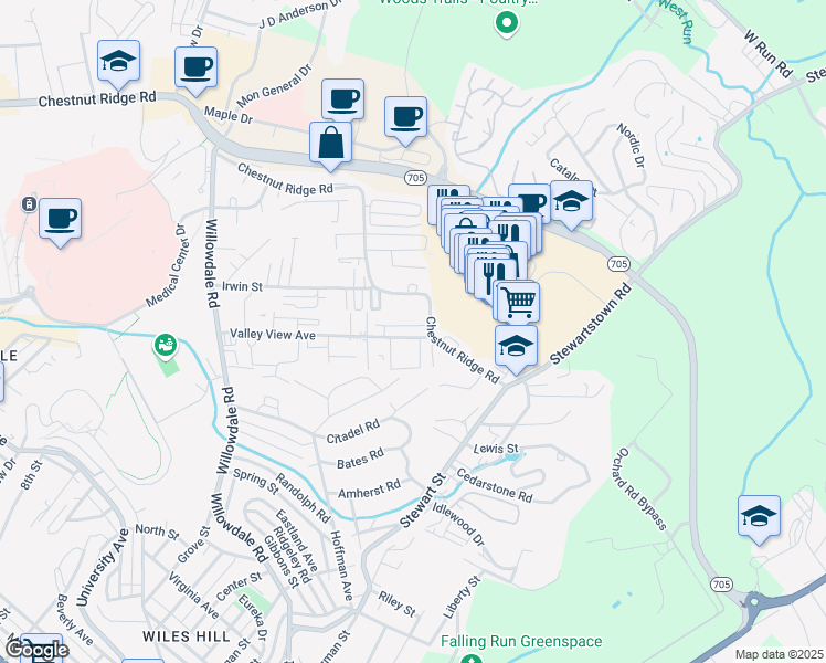 map of restaurants, bars, coffee shops, grocery stores, and more near 13 Ridgeview Street in Morgantown