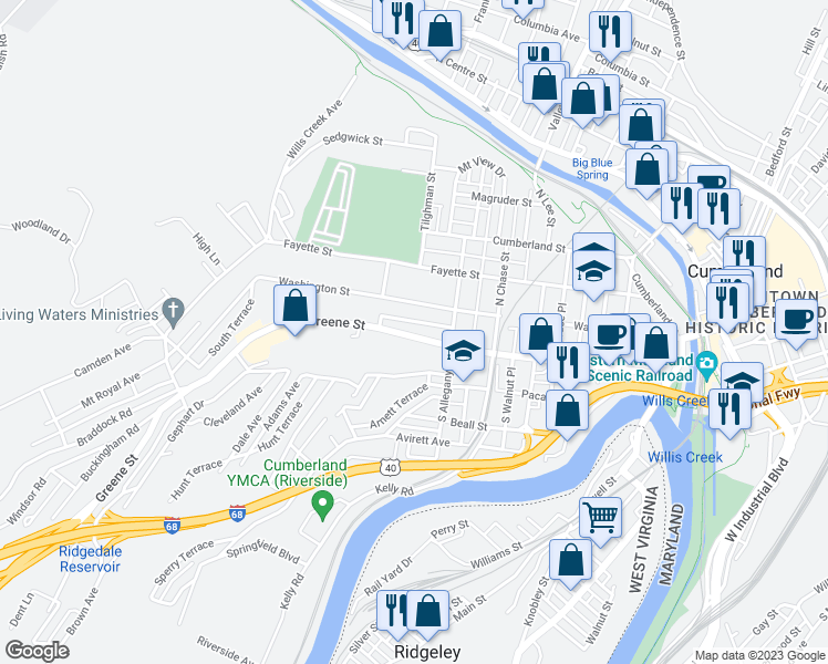 map of restaurants, bars, coffee shops, grocery stores, and more near 529 Greene Street in Cumberland