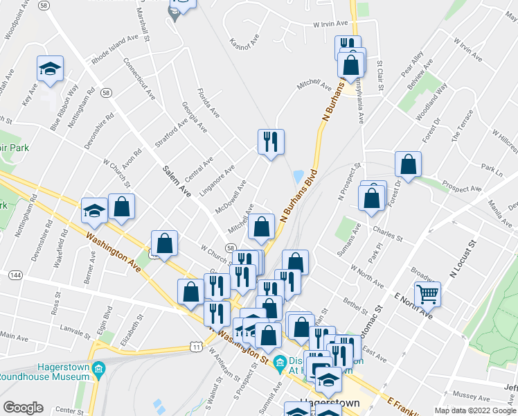 map of restaurants, bars, coffee shops, grocery stores, and more near 421 Freemont Street in Hagerstown