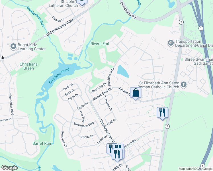 map of restaurants, bars, coffee shops, grocery stores, and more near 604 Green Tree Lane in Bear