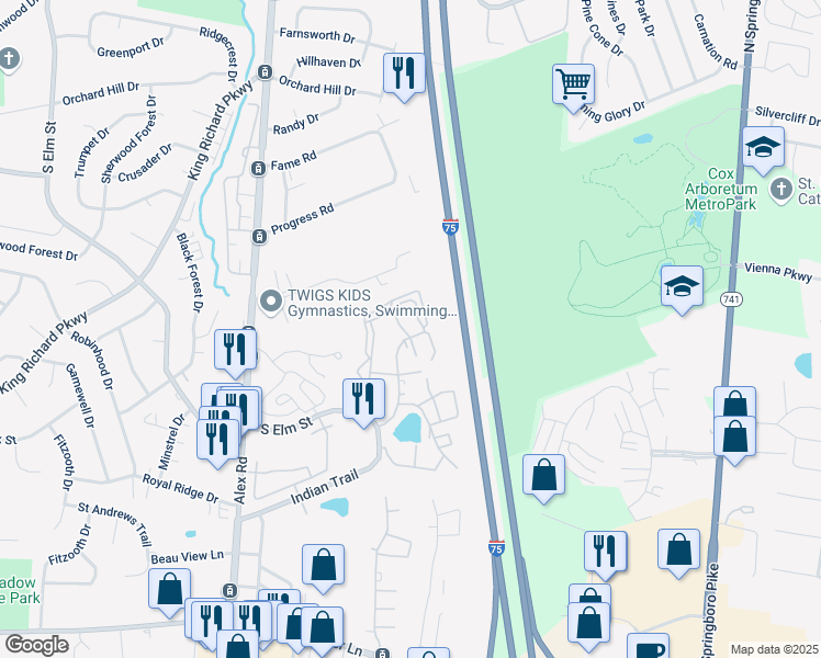 map of restaurants, bars, coffee shops, grocery stores, and more near 1570 Cedar Bark Trail in Dayton