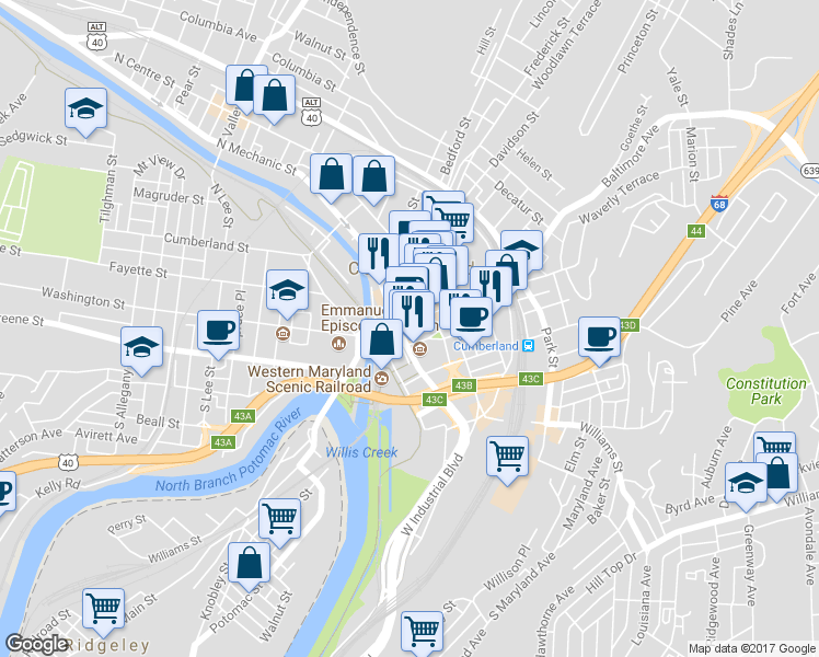 map of restaurants, bars, coffee shops, grocery stores, and more near 37 Baltimore St in Cumberland