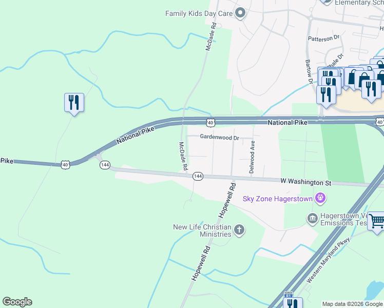 map of restaurants, bars, coffee shops, grocery stores, and more near 12219 West Lawn Lane in Hagerstown