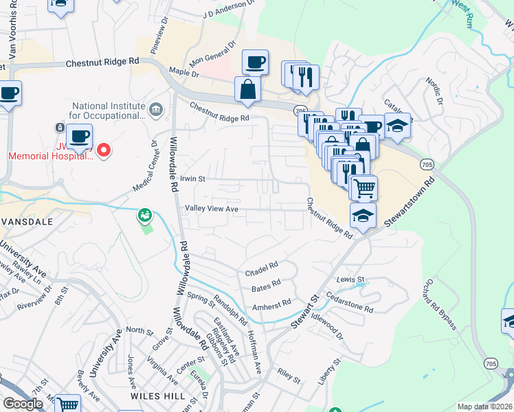 map of restaurants, bars, coffee shops, grocery stores, and more near 1037 Valley View Avenue in Morgantown