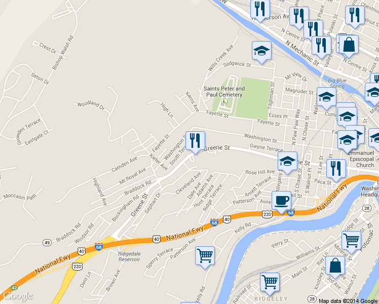 map of restaurants, bars, coffee shops, grocery stores, and more near 717 Greene Street in Cumberland